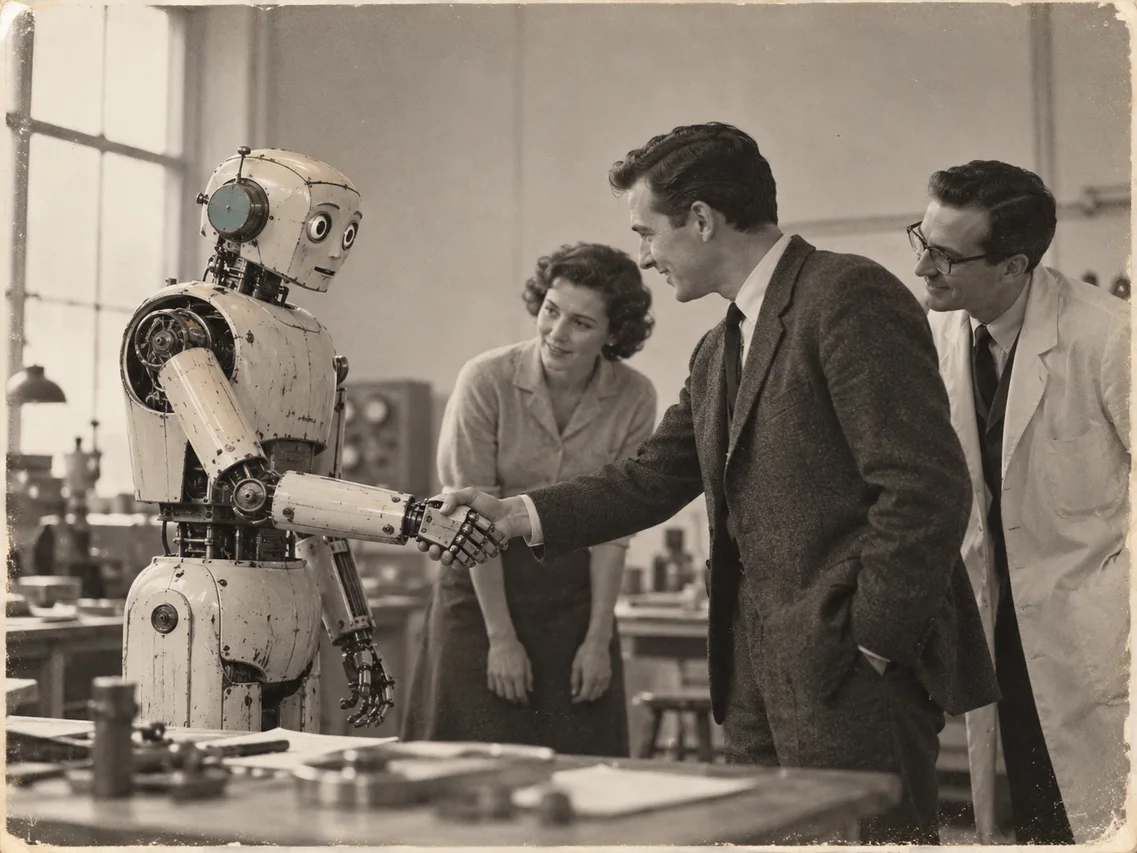 An imagined vintage encounter between three colleagues and a mechanical robot.